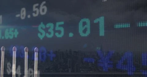 Image of financial data processing over lit match Stock Photos