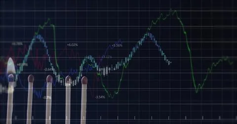 Image of financial data processing over lit match Foto stock