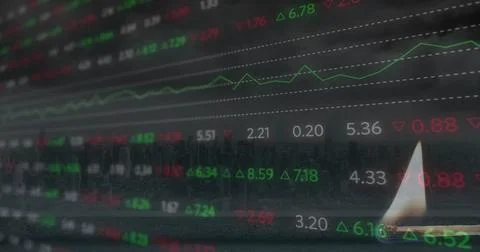 Image of financial data processing over lit match Stock Photos