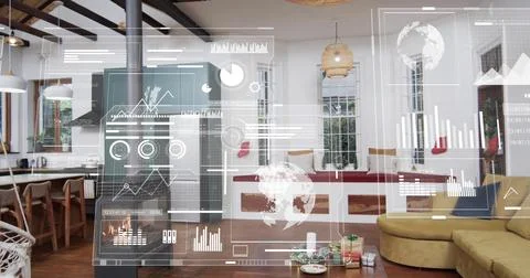 Image of financial data processing over restaurant interiors Fotos Stock