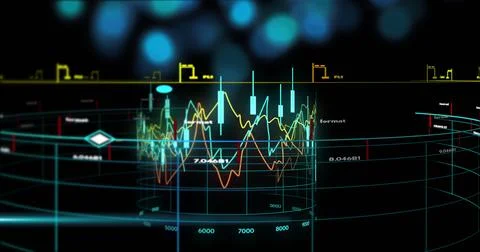 Image of financial data processing over globe on black background Stock Photos