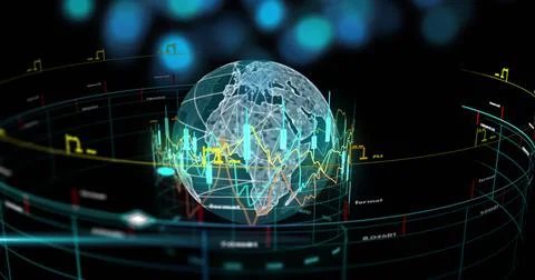 Image of financial data processing over globe on black background Stock Photos