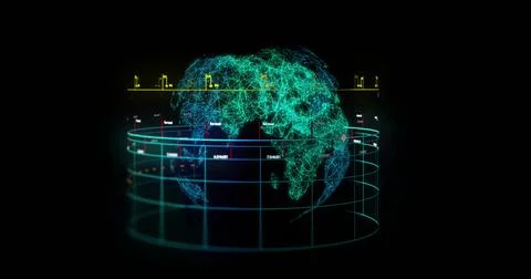 Image of financial data processing over globe on black background Stock Photos