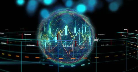 Image of financial data processing over globe on black background 스톡 사진