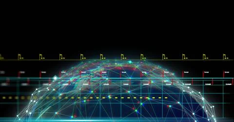 Image of financial data processing over globe on black background 스톡 사진