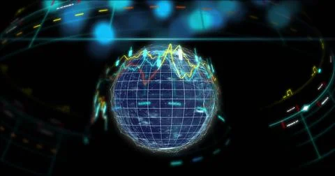 Image of financial data processing over globe on black background 스톡 사진