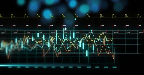 Image of financial data processing over black background Foto stock