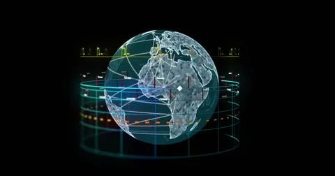 Image of financial data processing over globe on black background Stock Photos