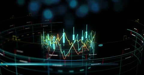 Image of financial data processing over black background Stock Photos