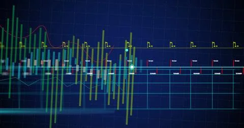 Image of financial data processing over blue background Stock Photos