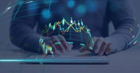 Image of financial data processing over biracial man using computer 스톡 사진