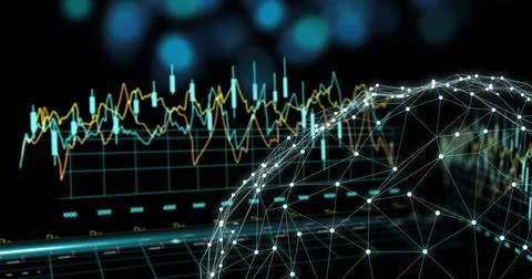 Image of financial data processing over globe on black background 스톡 사진