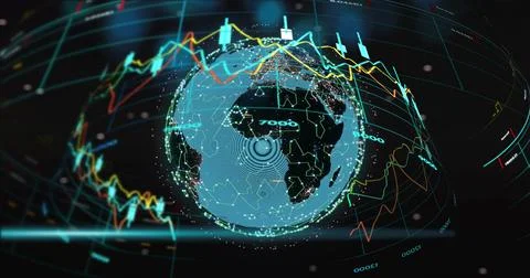 Image of financial data processing over globe on black background Foto stock
