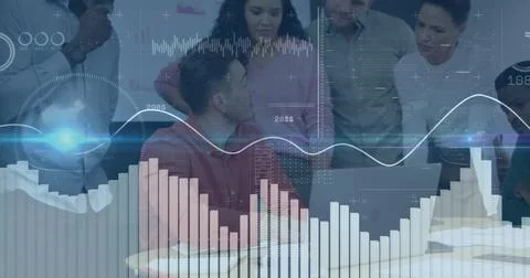 Image of financial data processing over diverse business people in office Foto stock