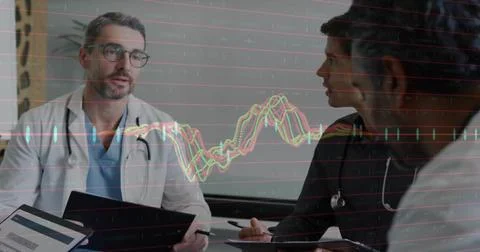 Image of financial data processing over diverse doctors in hospital Stockfoto's