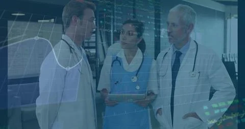 Image of financial data processing over diverse doctors in hospital Stock Photos