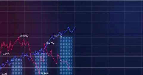 Image of financial data processing over grid on dark background Stock Photos