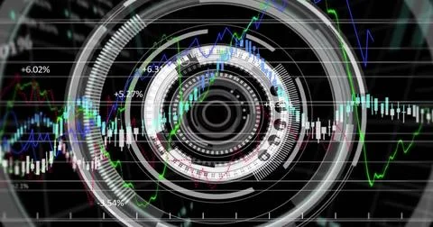 Image of financial data processing over scope and grid on dark background Foto stock
