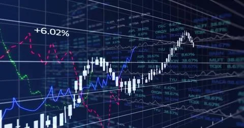 Image of financial data processing over grid on dark background Stock Photos