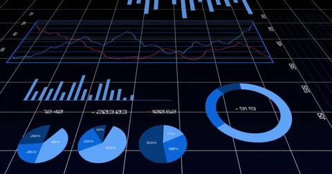 Image of financial data processing over grid on dark background Stock Photos