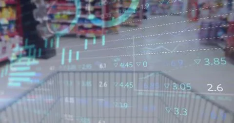 Image of financial data processing over shopping trolley in shop background Stock Photos
