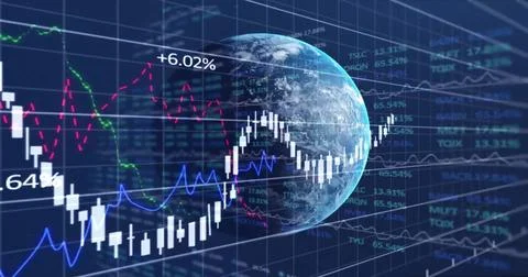 Image of financial data processing over globe on dark background Stock Photos