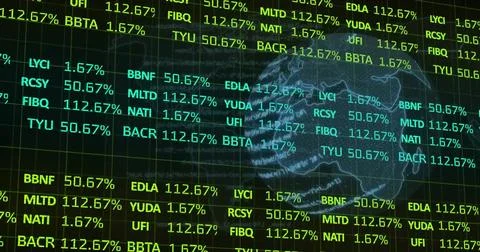 Image of financial data processing over globe on dark background Foto stock