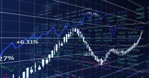 Image of financial data processing over grid on dark background Stock Photos