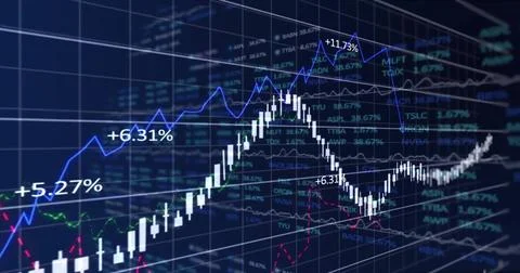 Image of financial data processing over grid on dark background Stock Photos