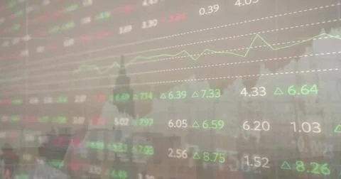 Image of financial data processing over cityscape Foto stock