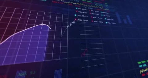 Image of financial data processing over grid on dark background Stock Photos