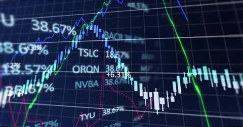 Image of financial data processing over grid on dark background Stock Photos