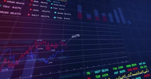 Image of financial data processing over grid on dark background 스톡 사진