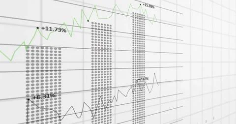 Image of financial data processing over grid on white background Stockfoto's