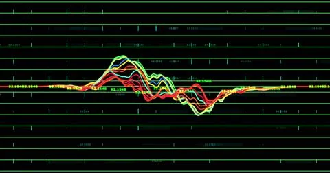 Image of financial data processing over grid on dark background Stock Photos