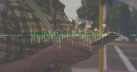 Image of financial data processing over caucasian man with smartphone on the go Stock Photos