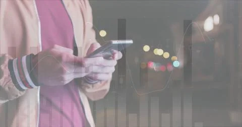 Image of financial data processing over caucasian man with smartphone on the go Stock Photos