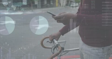 Image of financial data processing over african american man with smartphone on Stock Photos