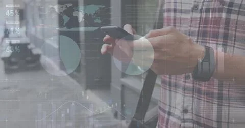 Image of financial data processing over caucasian man with smartphone on the go Stock Photos