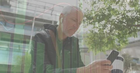 Image of financial data processing over caucasian man with smartphone on the go Stock Photos