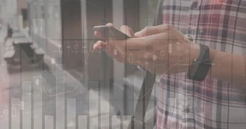 Image of financial data processing over caucasian man with smartphone on the go Stock Photos
