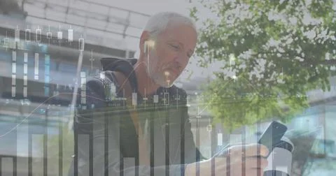 Image of financial data processing over caucasian man with smartphone on the go Stock Photos