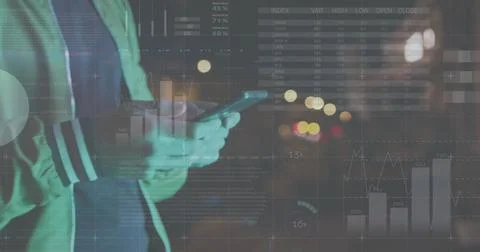 Image of financial data processing over caucasian man with smartphone on the go Stock Photos