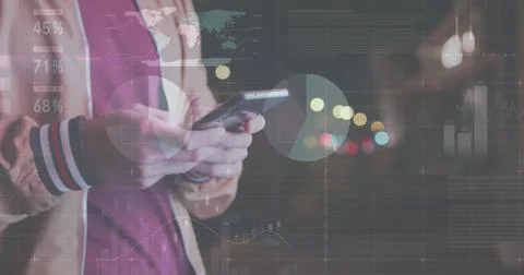 Image of financial data processing over caucasian man with smartphone on the go 스톡 사진