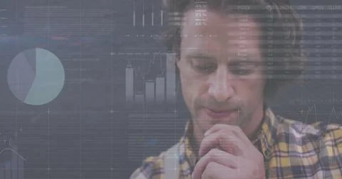 Image of financial data processing over caucasian man Foto stock