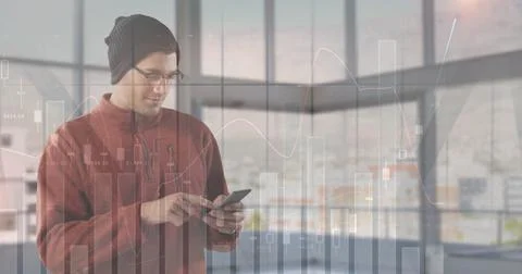 Image of financial data processing over caucasian man with smartphone on the go Stock Photos