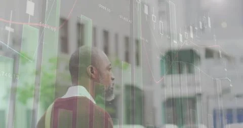 Image of financial data processing over african american man on the go 库存照片