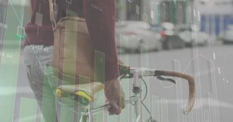 Image of financial data processing over african american man with bike on the go Stock Photos