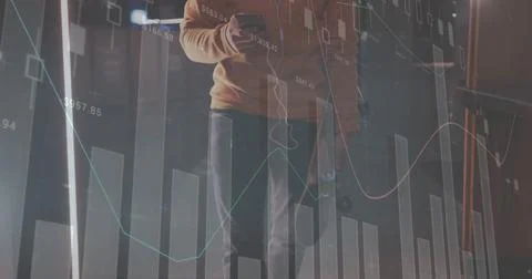 Image of financial data processing over biracial man with smartphone on the go Stock Photos
