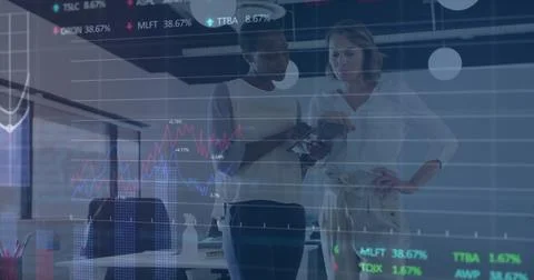 Image of financial data processing over diverse colleagues discussing work in Foto stock